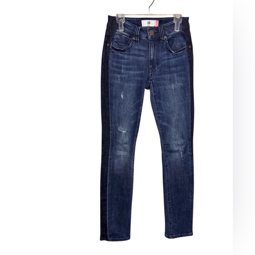 CAbi High Straight Tuxedo Stripe Jeans High-Rise Distressed Denim #3750. Sz 8 - Picture 5 of 9